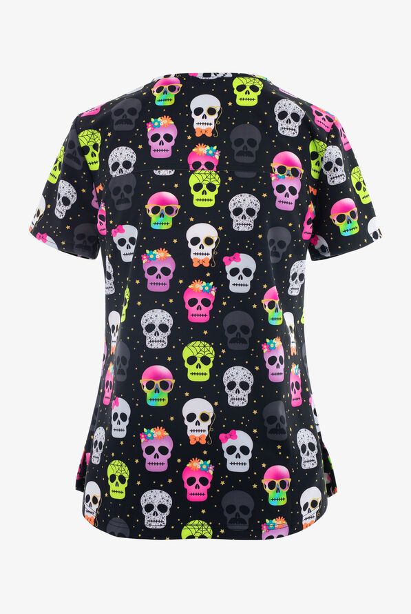 Dickies EDS Squad Ghouls Skulls Women's 2-Pocket STRETCH V-Neck Print Scrub Top - null - 2