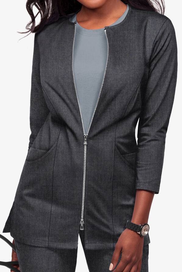 Butter-Soft STRETCH Women's 4-Pocket Jewel Neck Consultation Scrub Lab Coat - Heather Charcoal - 2