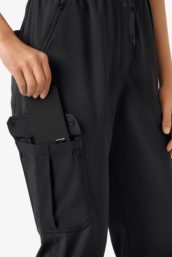 Wink Renew Women's 7-Pocket STRETCH V-Neck Cargo Jogger Jumpsuit - Black - 2