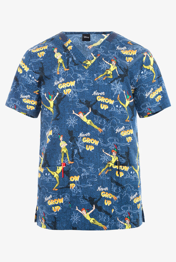 Tooniforms Disney's Peter Pan Come With Me Unisex 2-Pocket STRETCH V-Neck Print Scrub Top - null - 1