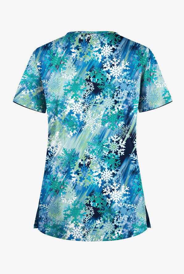 Blusa médica estampada Butter-Soft STRETCH Big City Flurry Teal con cuello en V y 1 bolsillo para mujer - null - 2