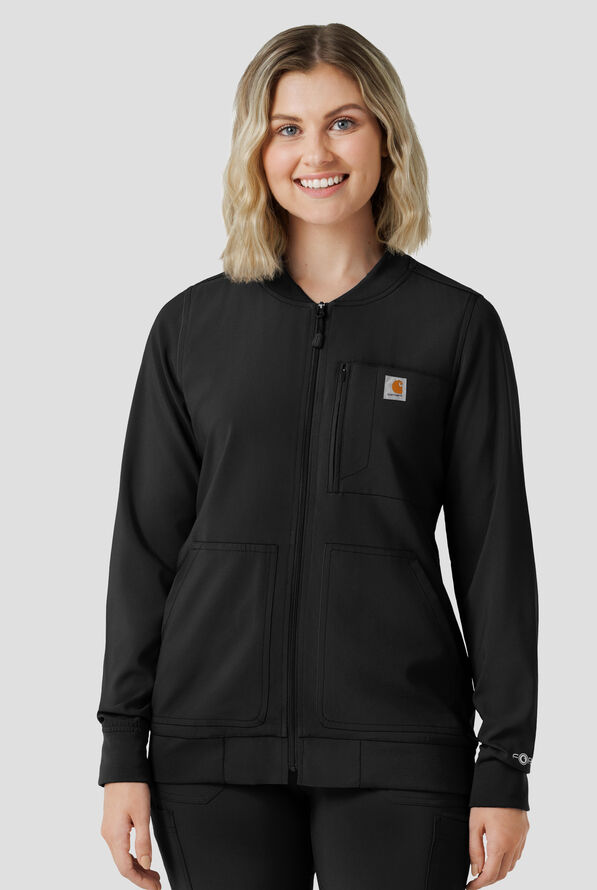 Carhartt Force Cross-Flex Rugged Flex Women's 6-Pocket Rib Trim Lightweight Zip Bomber Scrub Jacket - Black - 2