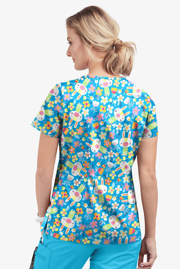 Butter-Soft STRETCH Easter Fun Turquoise Women's 1-Pocket Tuck-In V-Neck Print Scrub Top - null - 3