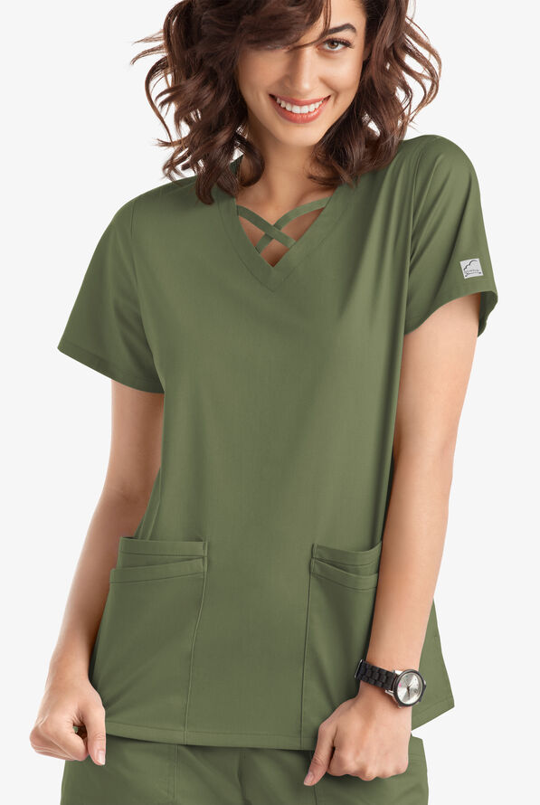 Butter-Soft STRETCH Women's 4-Pocket Crisscross Scrub Top - Light Olive - 2