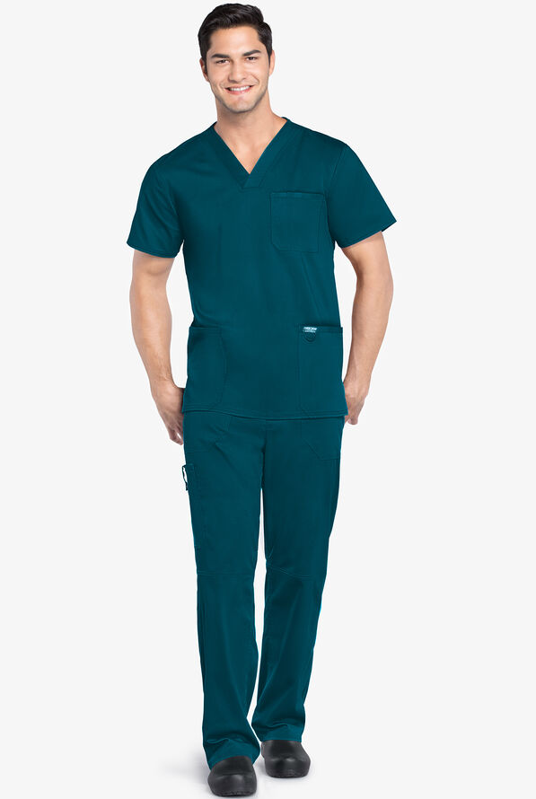 Cherokee Workwear Revolution Men's 3-Pocket STRETCH V-Neck Scrub Top - Caribbean Blue - 2