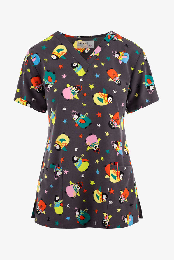 Tasha and Me Chill Out Women's 2-Pocket STRETCH V-Neck Print Scrub Top - null - 1