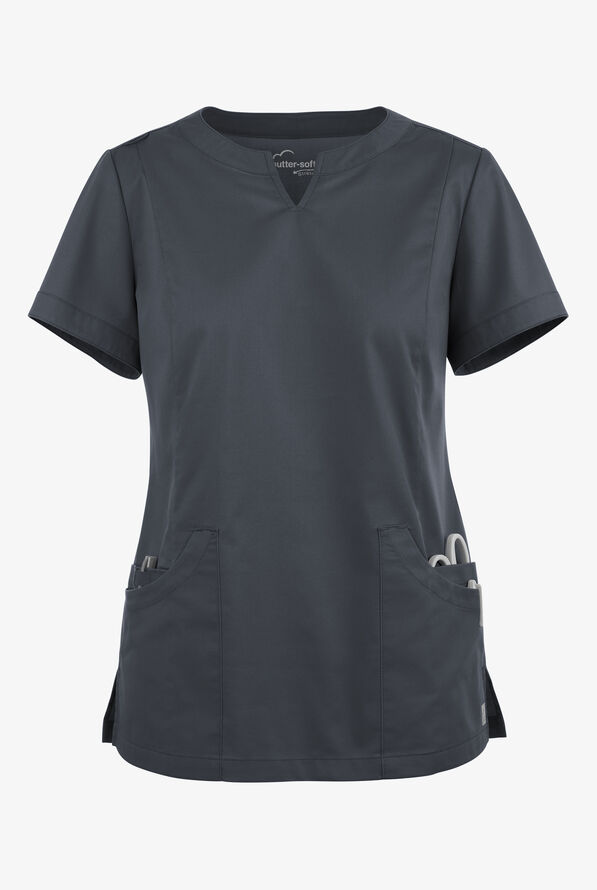 Butter-Soft STRETCH Women's 4-Pocket Notch Neck Scrub Top - Pewter - 1