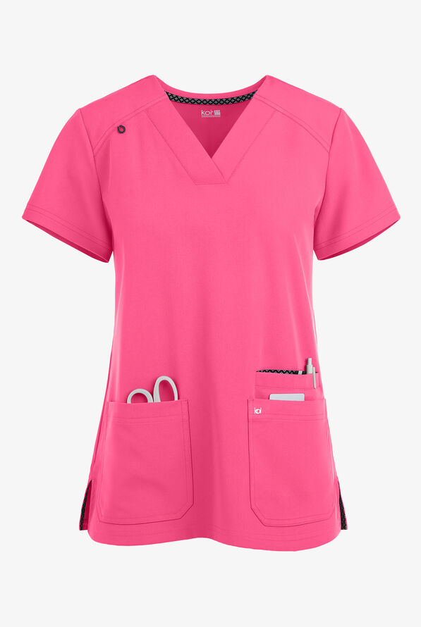 koi Next Gen Hustle and Heart Women's 3-Pocket STRETCH V-Neck Scrub Top - Geranium - 1