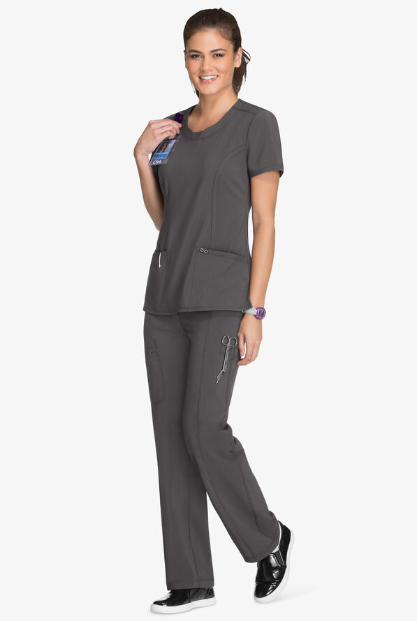 Infinity Women's 3-Pocket STRETCH Round Neck Scrub Top - Pewter - 2