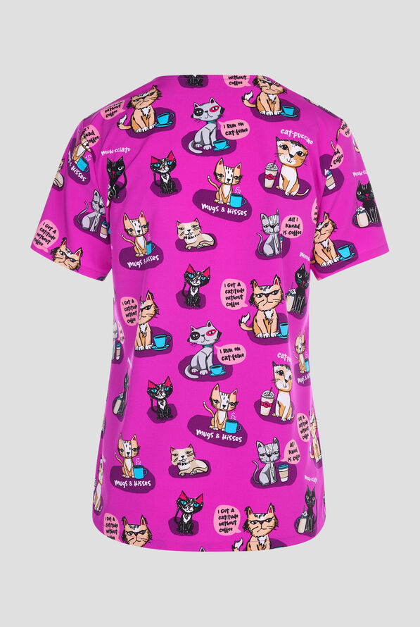 Cherokee Coffee Talk Cats Women's 2-Pocket STRETCH V-Neck Print Scrub Top - null - 2