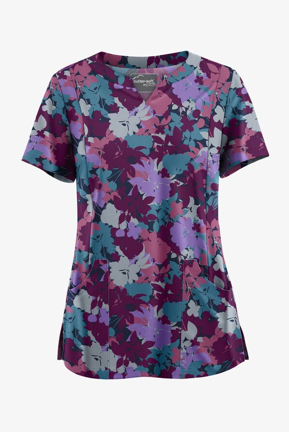 Blusa médica estampada Butter-Soft STRETCH Layered Floral Navy con cuello con muesca y 4 bolsillos para mujer - null - 1