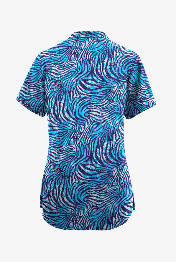 Butter-Soft Originals Abstract Zebra Turquoise Women's 6-Pocket Mandarin Collar Print Scrub Top - null - 2