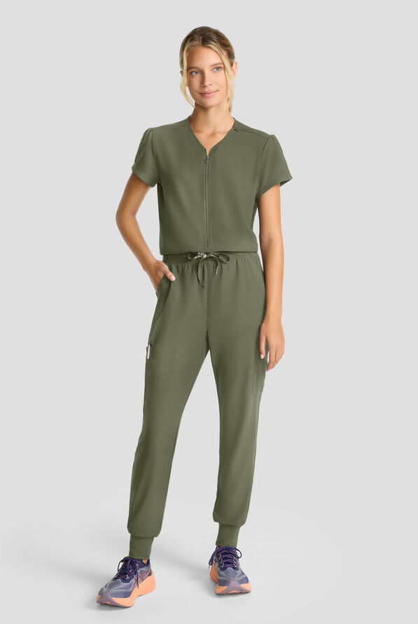 Med Couture Insight Women's 4-Pocket Zip Front Drawstring Waist Scrub Jumpsuit - Olive - 1