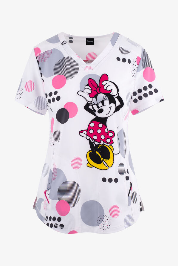 Tooniforms Running In Circles Minnie Mouse Women's 2-Pocket STRETCH V-Neck Print Scrub Top - null - 1
