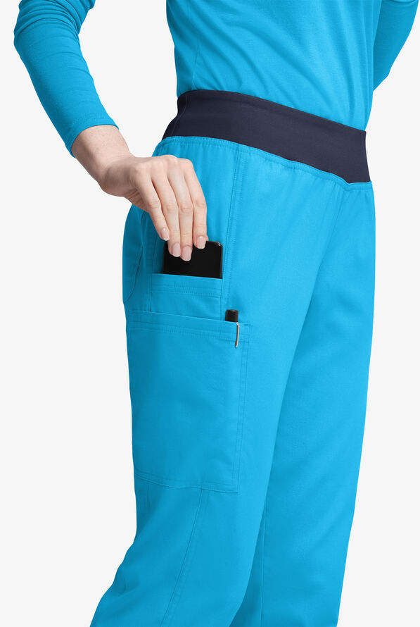 Pantalón médico Butter-Soft Originals de tiro medio estilo yoga con piernas entalladas y 5 bolsillos para mujer - Turquoise/Navy - 2