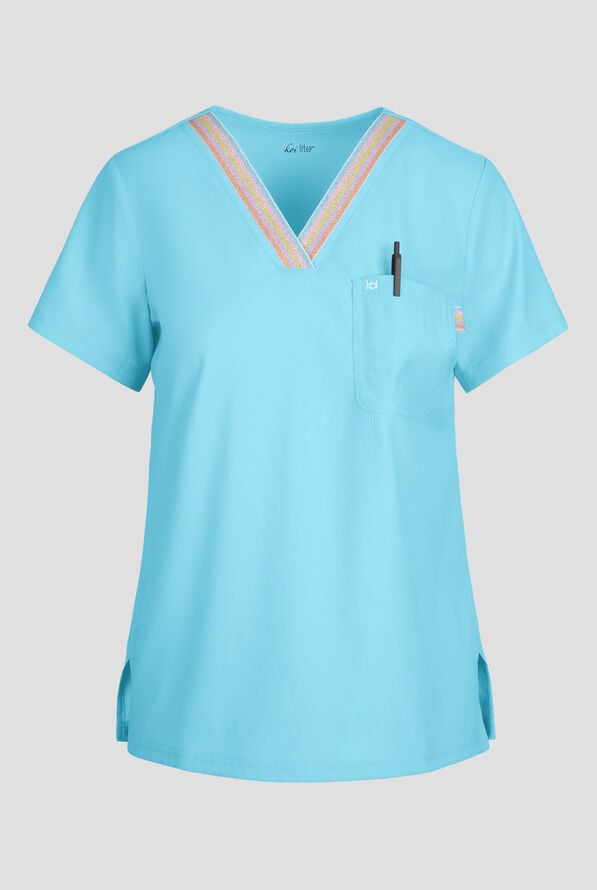 koi Lite&trade; Ember Women's 1-Pocket Rainbow Shimmer Trim V-Neck Scrub Top - Sky - 1