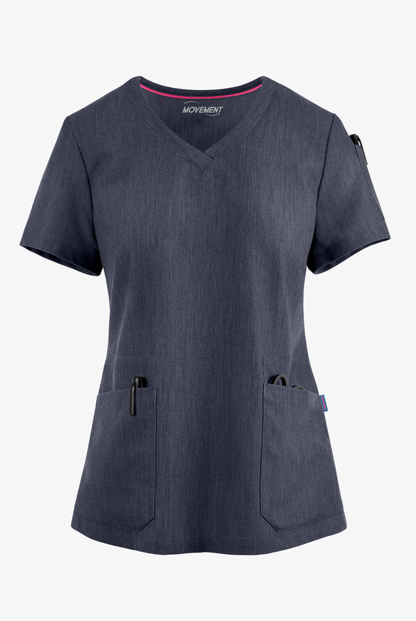Blusa médica MOVEMENT by Butter-Soft Antares STRETCH con cuello en V y 6 bolsillos para mujer - Indigo Heather - 1