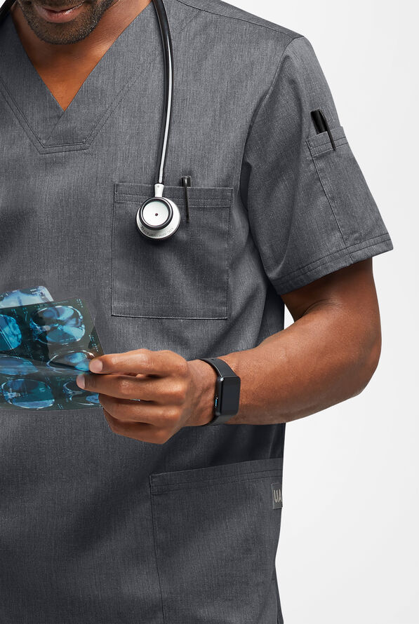 Butter-Soft STRETCH Men's 6-Pocket V-Neck Scrub Top - Heather Charcoal - 3