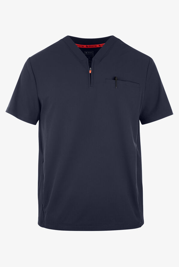 Infinity GNR8 Men's 3-Pocket STRETCH Rib-Knit Panel Zip Placket V-Neck Scrub Top - Navy - 1