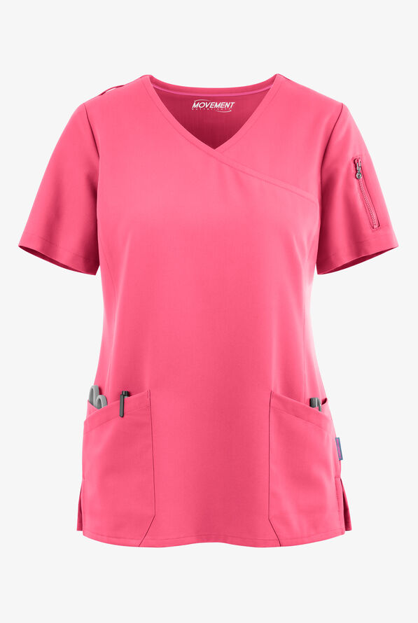 MOVEMENT by Butter-Soft Capella Women's 5-Pocket Faux Wrap STRETCH Scrub Top - Rose Dusk - 1