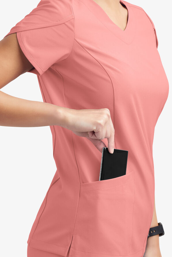 Blusa m&eacute;dica Easy STRETCH Daisy con cuello en V y 4 bolsillos para mujer - Autumn Coral - 5