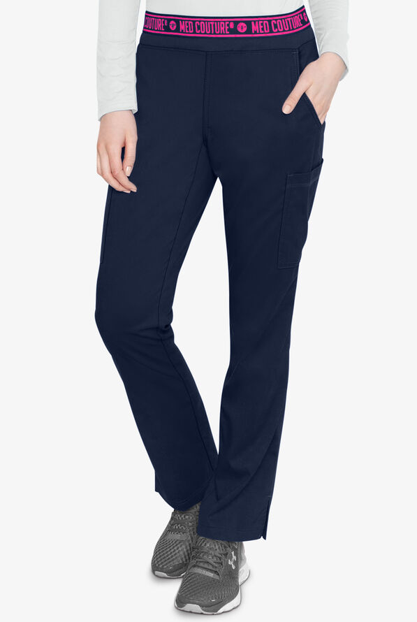 Med Couture Touch Women's 7-Pocket STRETCH Logo Elastic Double Cargo Yoga Scrub Pants - Navy - 1