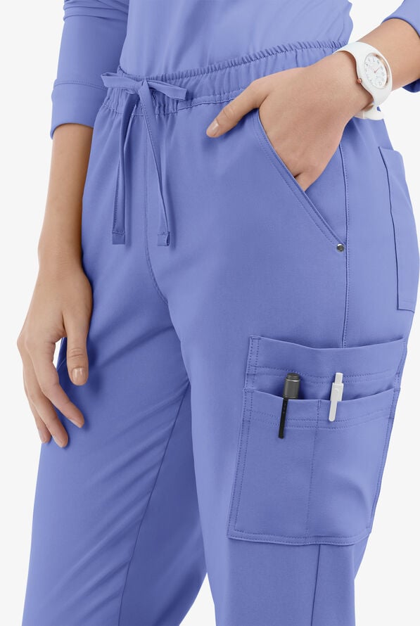Easy STRETCH Halle Women's 11-Pocket Ruched Leg Jogger Scrub Pants - Petite - Ceil Blue - 3