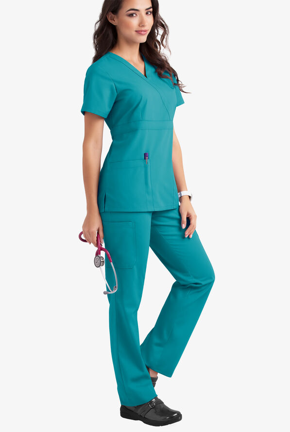 Butter-Soft Core Women's 2-Pocket Empire Mock Wrap Scrub Top - Teal - 2