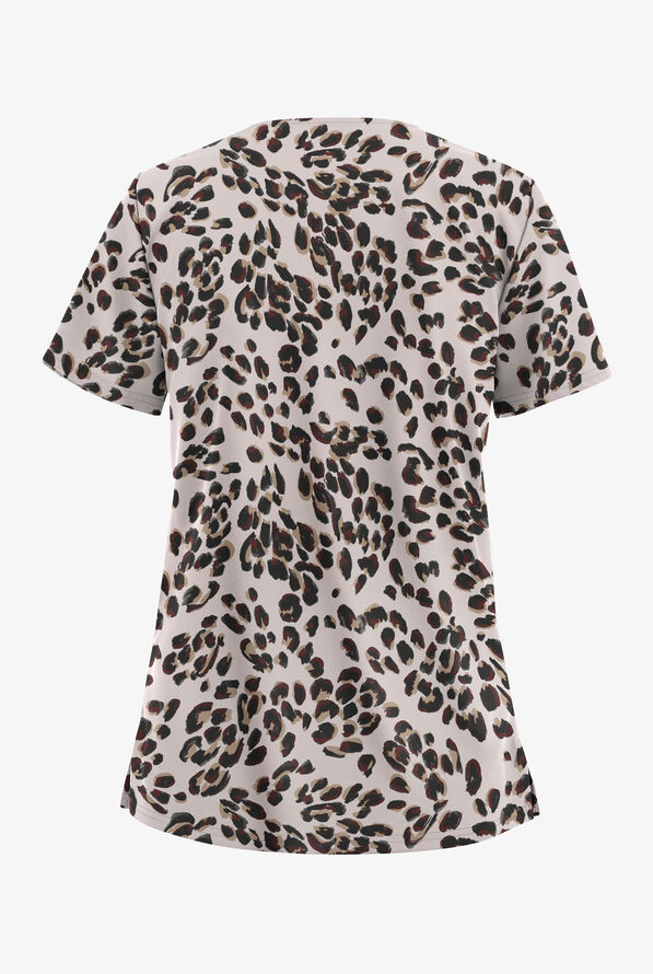 Easy STRETCH Modern Cheetah Mocha Meringue Women's 2-Pocket V-Neck Print Scrub Top - null - 2