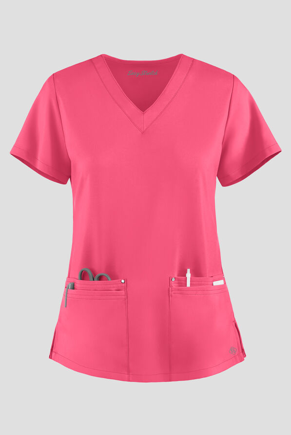 Easy STRETCH Lina Mitered Women's 4-Pocket V-Neck Scrub Top - Strawberry Fizz - 1