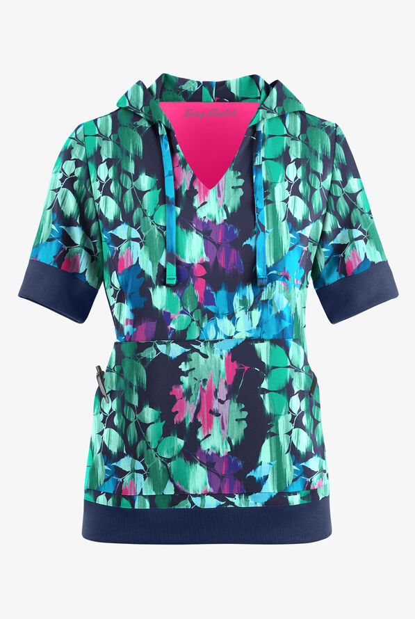 Easy STRETCH Magical Garden Women's 3-Pocket Short Sleeve Pull-Over Hoodie Print Scrub - null - 1
