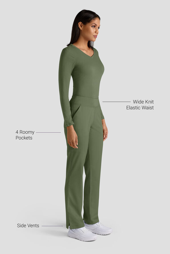 Butter-Soft STRETCH Women's 4-Pocket Knit Waistband Yoga Scrub Pants - Tall - Light Olive - 3