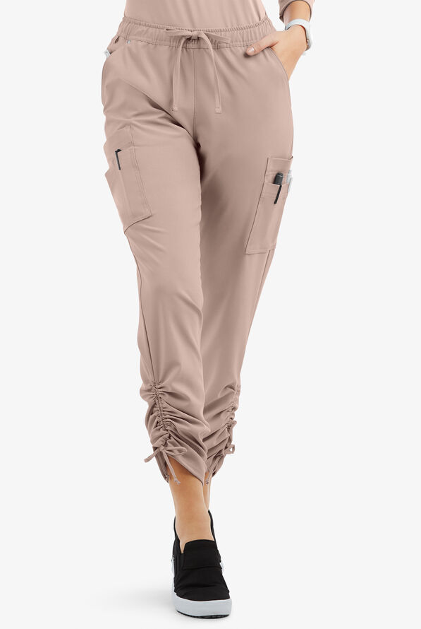 Easy STRETCH Halle Women's 11-Pocket Ruched Leg Jogger Scrub Pants - Petite - Mocha Meringue - 1