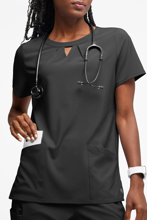 Easy STRETCH Salma Women&rsquo;s 3-Pocket Keyhole Neck Scrub Top - Onyx Black - 3