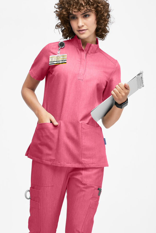 Movement by Butter-Soft Lyrae Women’s 6-Pocket Zip Closure Neck Scrub Top - Bright Pink Heather - 2