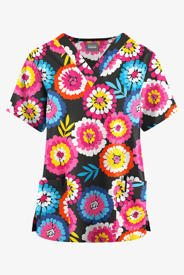 Butter-Soft Originals Flower Market Women's 2-Pocket Classic Fit V-Neck Print Scrub Top - null - 1