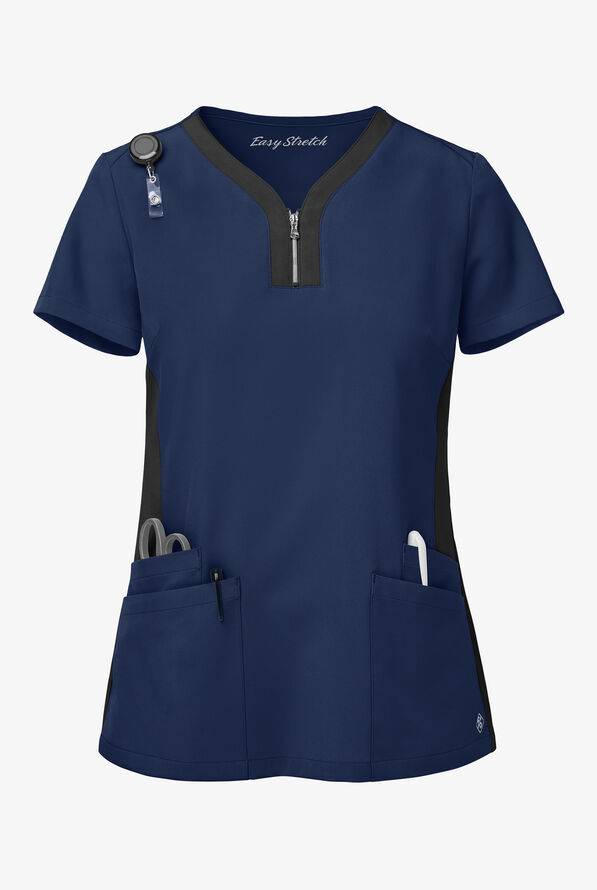 Easy STRETCH Lily Women's 4-Pocket Zip Neck Henley Scrub Top - Navy/Black - 1