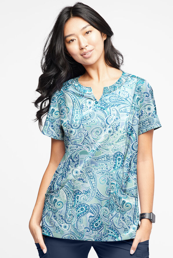 Butter-Soft STRETCH Paisley Romance Watermint Women’s 4-Pocket Notch-Neck Print Scrub Top - null - 2