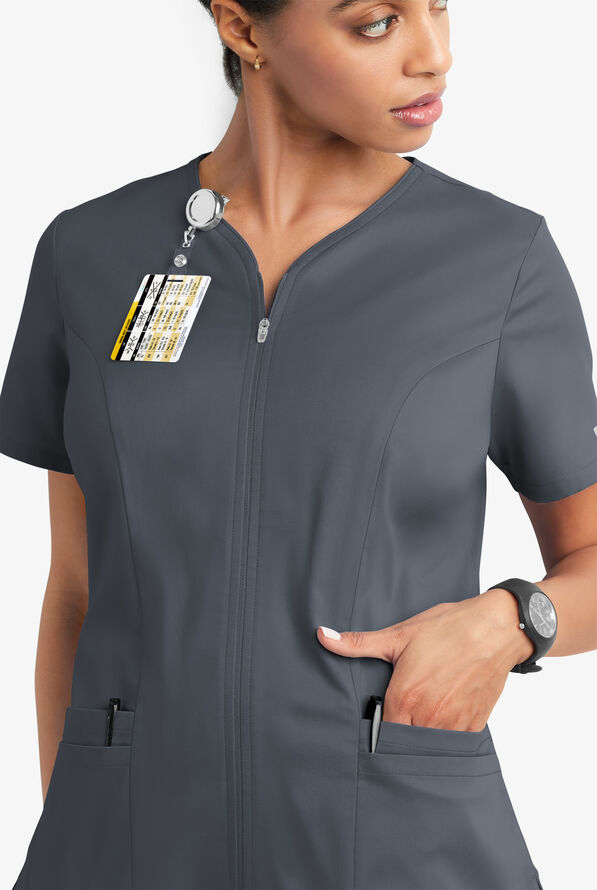 Butter-Soft STRETCH Women's 4-Pocket Smooth Face Zipper Scrub Top - Pewter - 3