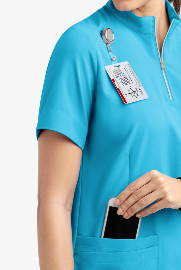 Easy STRETCH Jen Women's 4-Pocket Zip-Neck Short Sleeve Scrub Top - Turquoise - 6