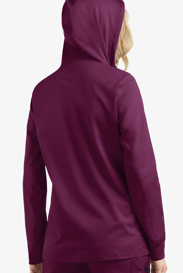 Butter-Soft STRETCH Women's 3-Pocket Zip-Front with Cozy Knit Hood and Trim Scrub Jacket - Wine - 4