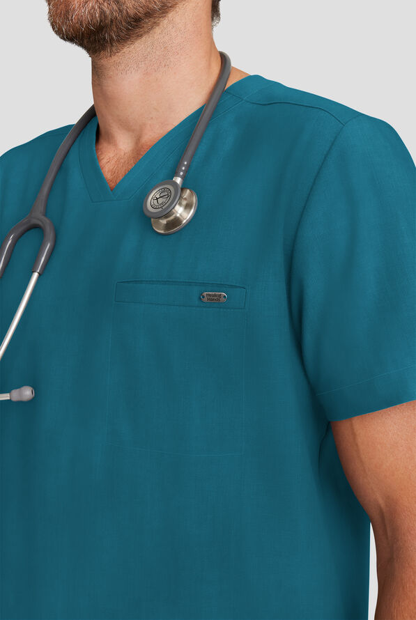 Camisa m&eacute;dica Healing Hands Quest STRET CH con cuello en V y 1 bolsillo para hombre - Caribbean Blue - 3