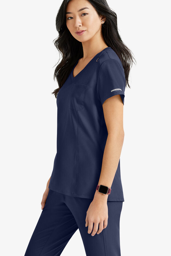 Skechers by Barco Dignity Women's 1-Pocket STRETCH Tuck In V-Neck Scrub Top - Navy - 4