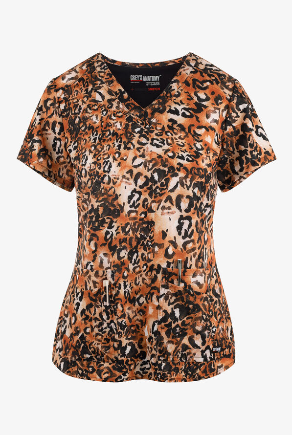 Grey's Anatomy Spandex  Wild Cat Cheetah Delight Women's 4-Pocket STRETCH V-Neck Print Scrub Top - null - 1