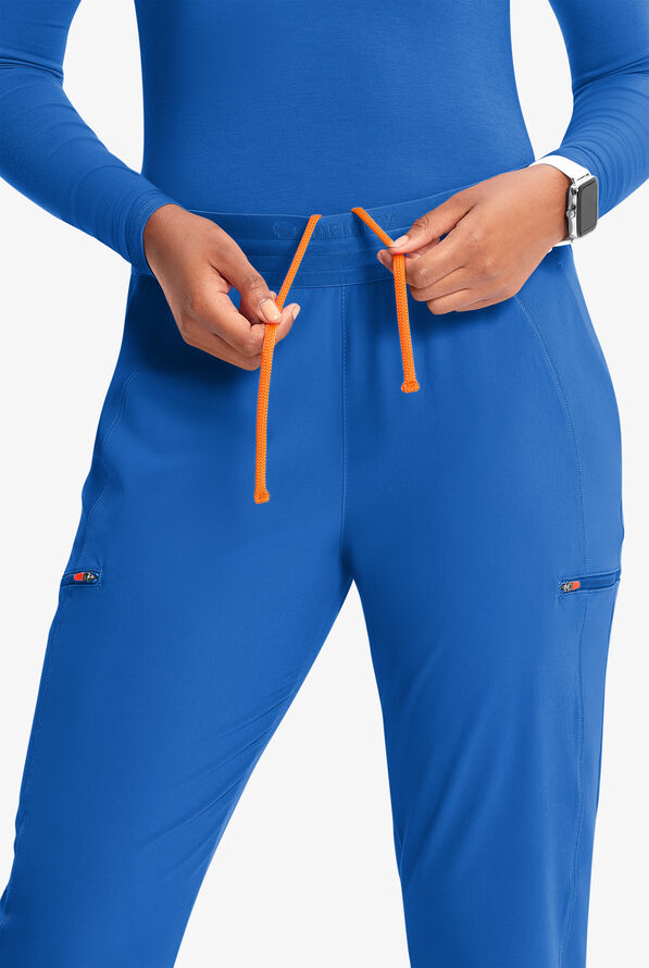 Infinity GNR8 Women's 4-Pocket STRETCH Rib-Knit Internal Drawstring Cargo Jogger Scrub Pants - Royal/Vivid Orange - 3