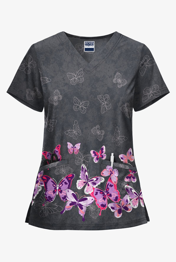 Strictly Scrubs STRETCH Butterfly Border Pewter Women's 2-Pocket V-Neck Print Scrub Top - null - 1