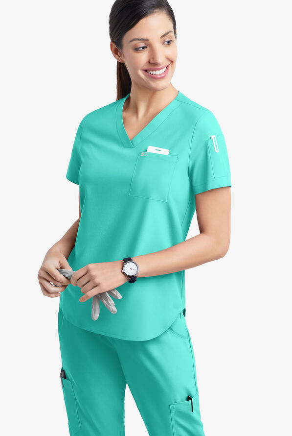 Easy STRETCH Chloe Women's 3-Pocket V-Neck Tuck-In Scrub Top - Aqua Dust - 3