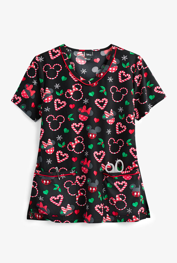 Cherokee Tooniforms Disney Peppermint Holiday Women's 2-Pocket V-Neck Print Scrub Top - null - 1