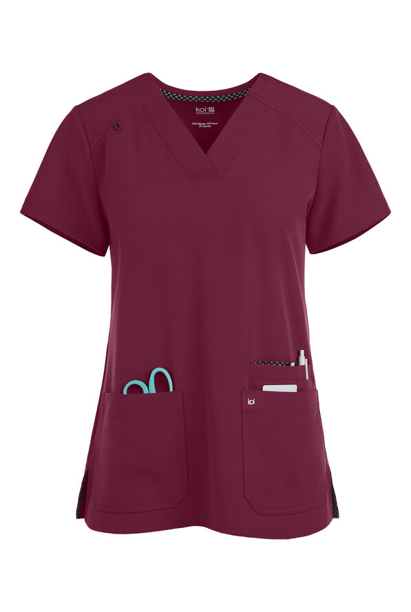 koi Next Gen Hustle and Heart Women's 3-Pocket STRETCH V-Neck Scrub Top - Wine - 1