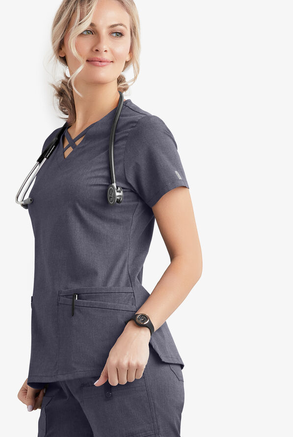 Blusa m&eacute;dica UA Butter-Soft STRETCH con lazos entrecruzados y 4 bolsillos para mujer - Indigo Denim - 5